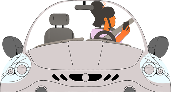 ilustração mulher dentro do carro estacionado segurando celular