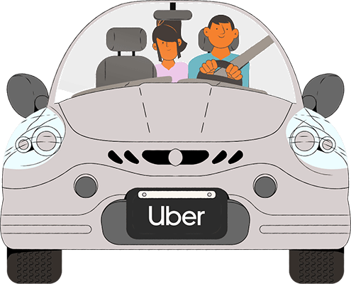 ilustração homem dirigindo carro do uber com uma passageira mulher
